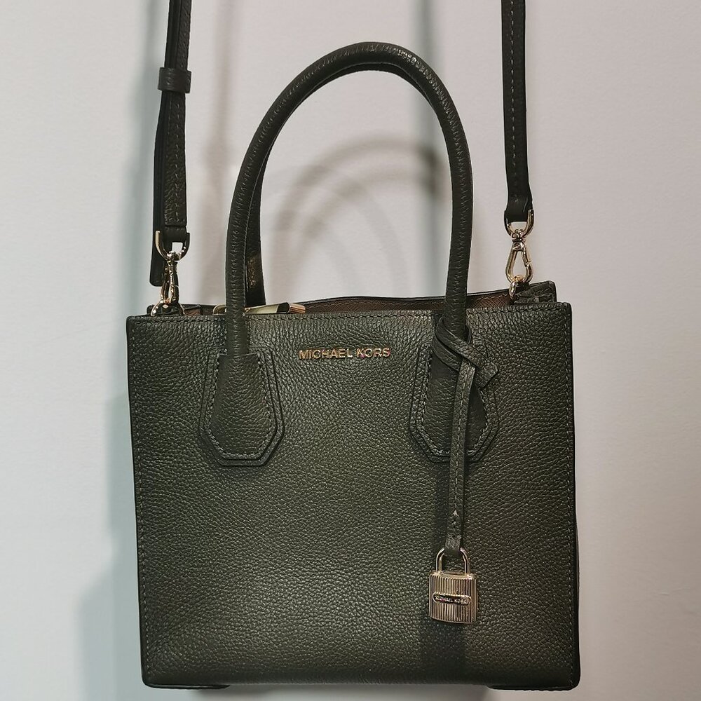 Olive/Gold Pebbled Leather Satchel/Crossbody EUC # 250